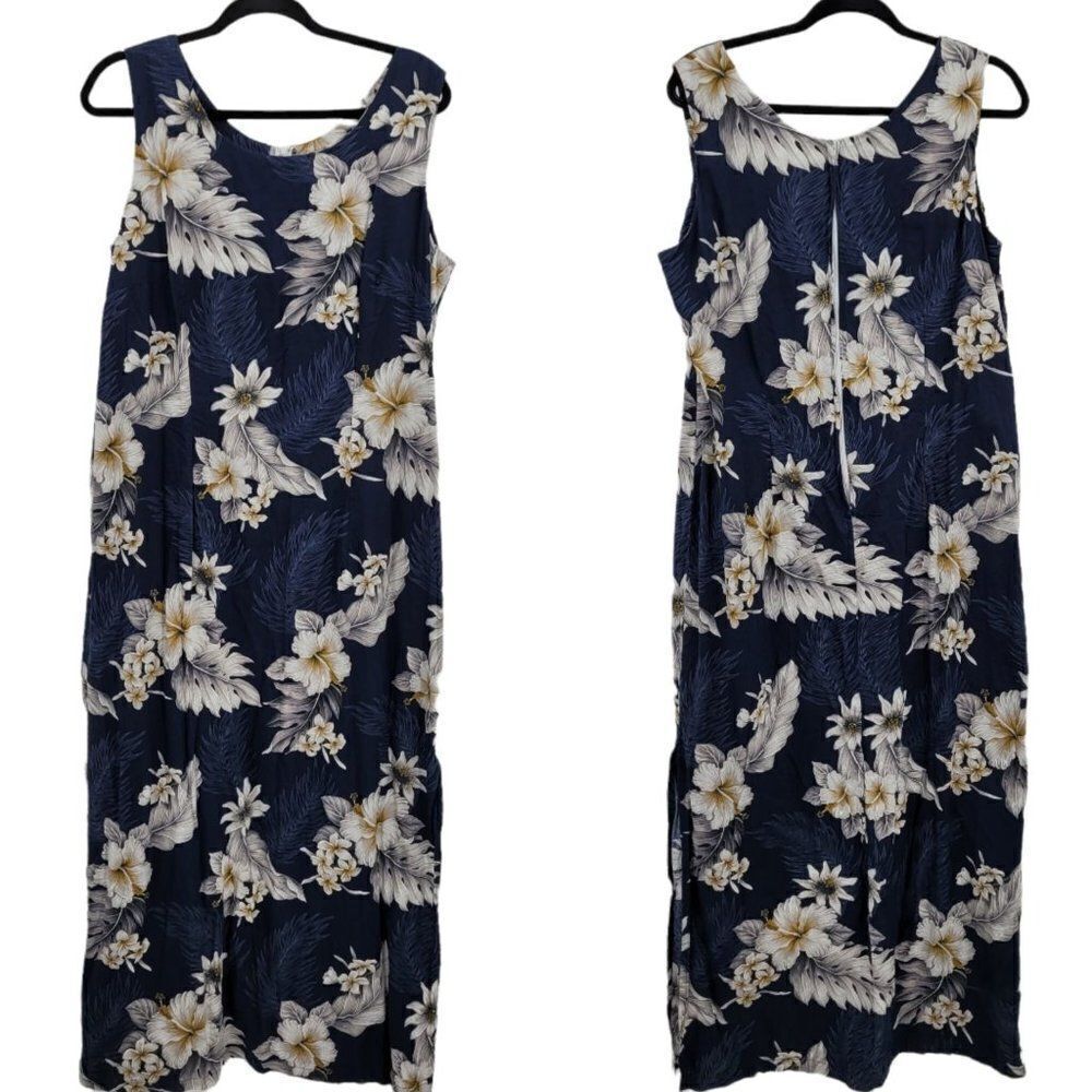 Vtg 80's Dress Tropical Hawaiian Sleeveless Maxi Side Slit‎ Navy Sz 2XL